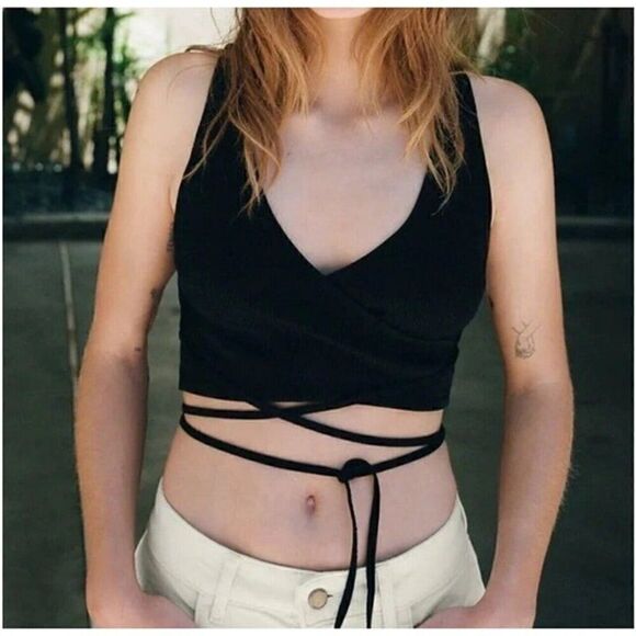 Zara Women’s NWT Black Ribbed V-Neck Crop Top Long Tie Up Shirt Sleeveless S/M - Picture 1 of 10